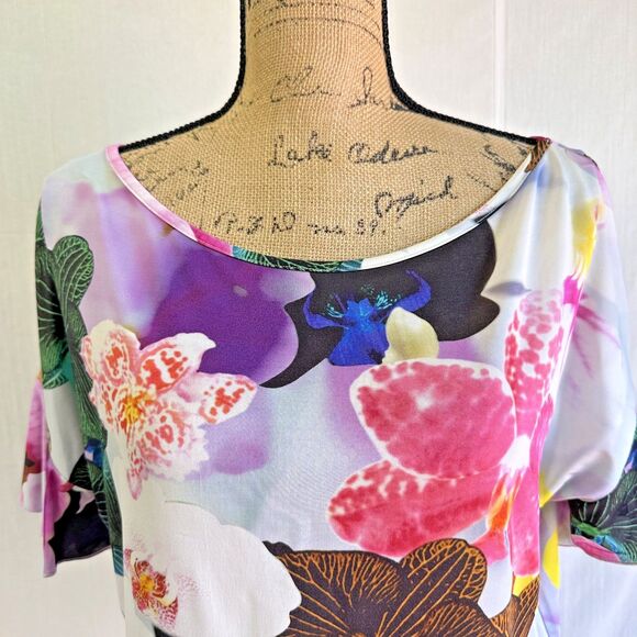 Cristinaeffe Women's Floral Lilac Short Sleeve Stretch Top Blouse Sz 42/6 Italy - Picture 2 of 14